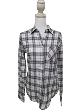 PINK Victoria's Secret White and Gray Plaid Button-Down Shirt with Stud Detail